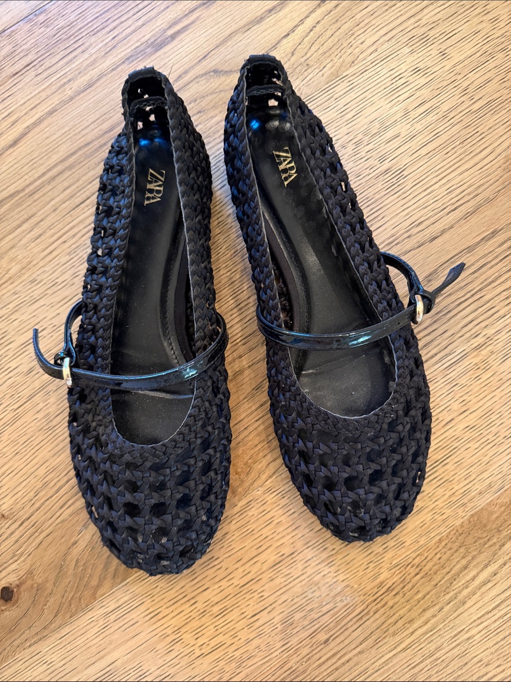 ZARA Black Woven Mary Jane Flats with Slim Strap